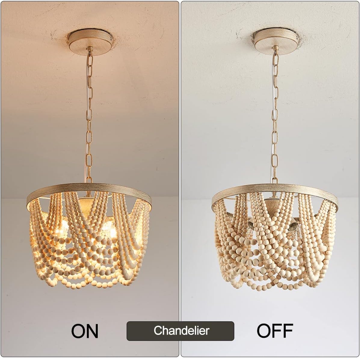 Farmhouse Boho Flush Mount Ceiling Light,3-Light Wood Bead Chandeliers,Black Metal Bohemia Hanging Pendant Lighting,Small Chandelier for Bedroom,Living Room,Entryway,Hallway