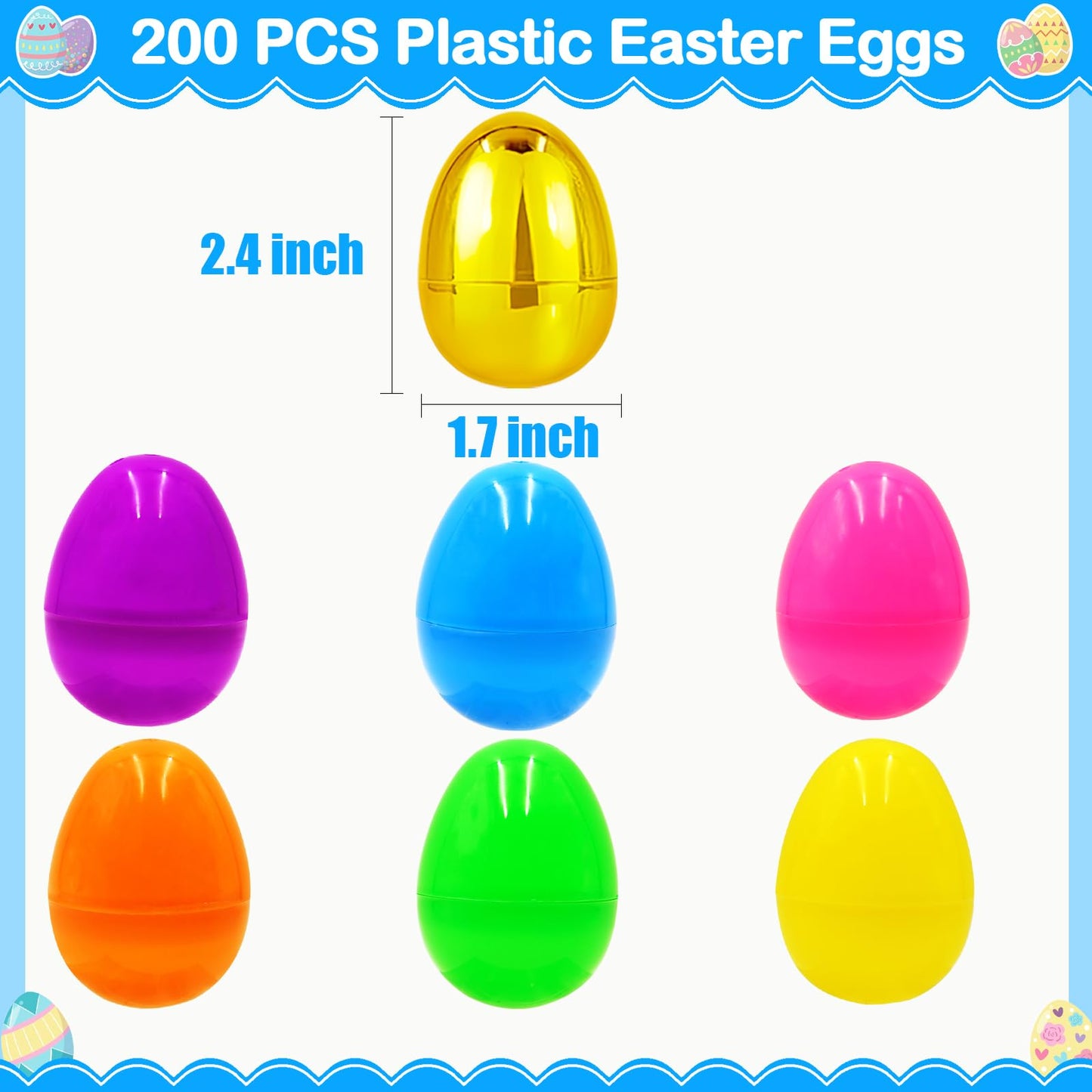 ZICZLI 200 PCS Fillable Plastic Easter Eggs with 6 Golden Eggs, 2.4 Inch Empty Colorful Eggs for Kids Boys Girls Easter Hunt Party Supplies Classroom Rewards Basket Stuffers Easter Party Favors