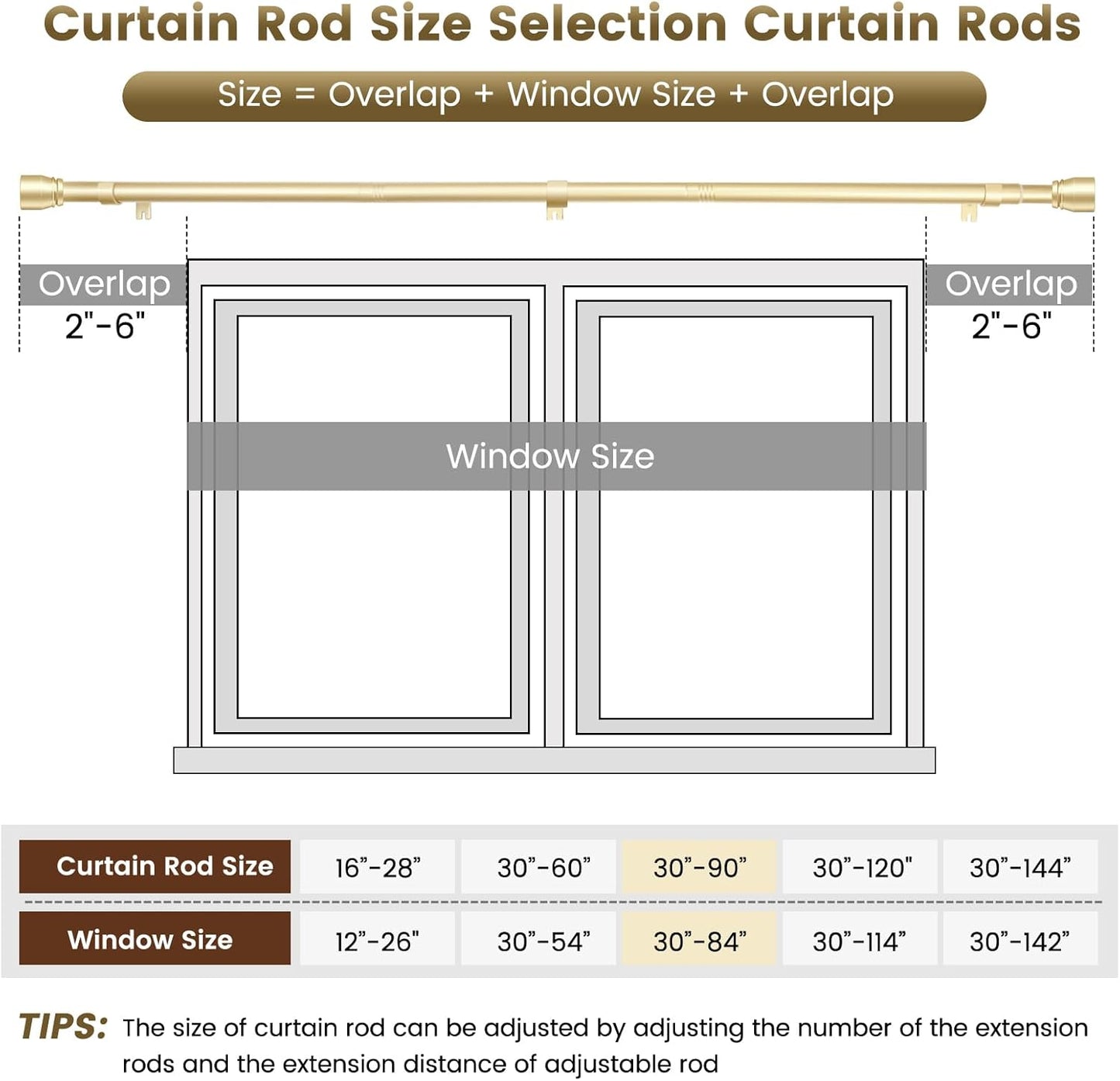 Skiennix 1” Diameter Gold Curtain Rod - Heavy Duty Adjustable 30-90 Inch for 30-84 Inch Windows