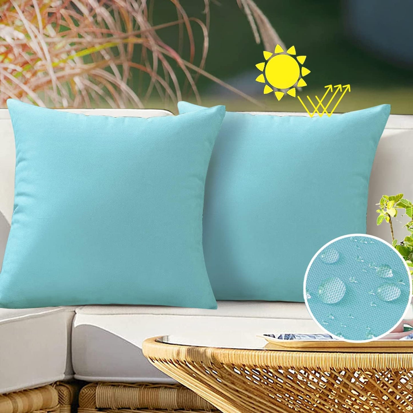 VAKADO Outdoor Waterproof Throw Pillow Covers - Set of 2 Decorative Aqua Cushion Cases | 18"x18" for Patio & Garden