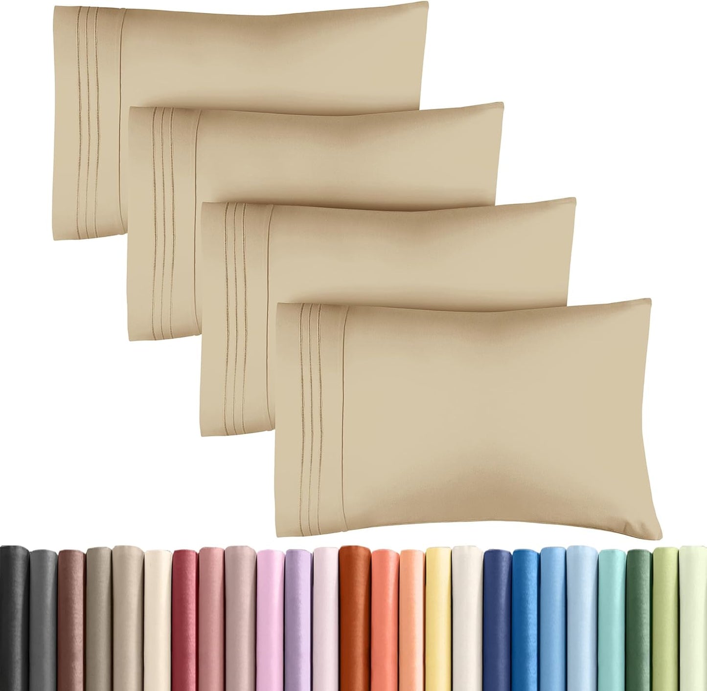 Skiennix Queen Pillow Cases Set of 4 | Ultra Soft Hotel Quality, Wrinkle-Free & Fade Resistant - Beige