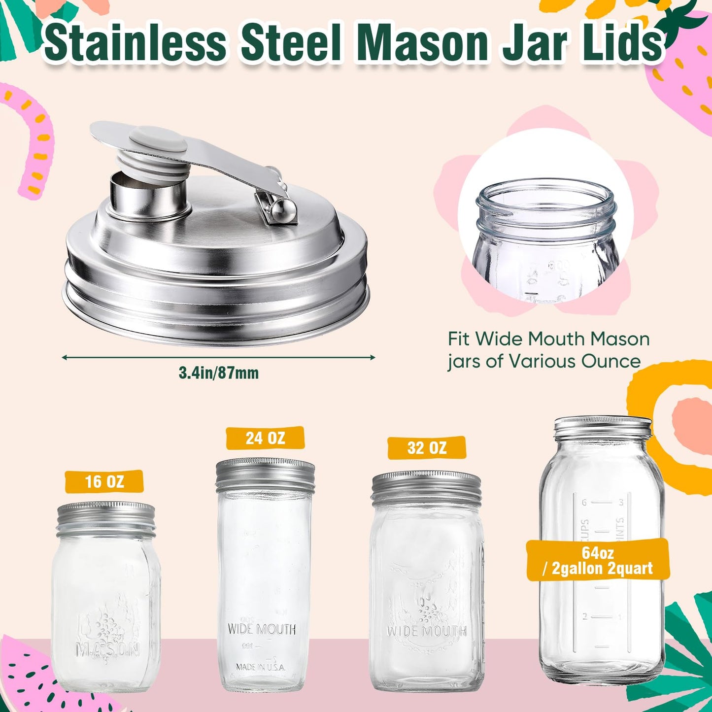 Baderke 4 Pcs Stainless Steel Mason Jar Pour Spout Lid for Wide Mouth Mason Jars, Rust Proof Leak Proof Seal Cover fit Home Tea, Milk, Juice Drinks Airtight Turns your Container into Pitcher