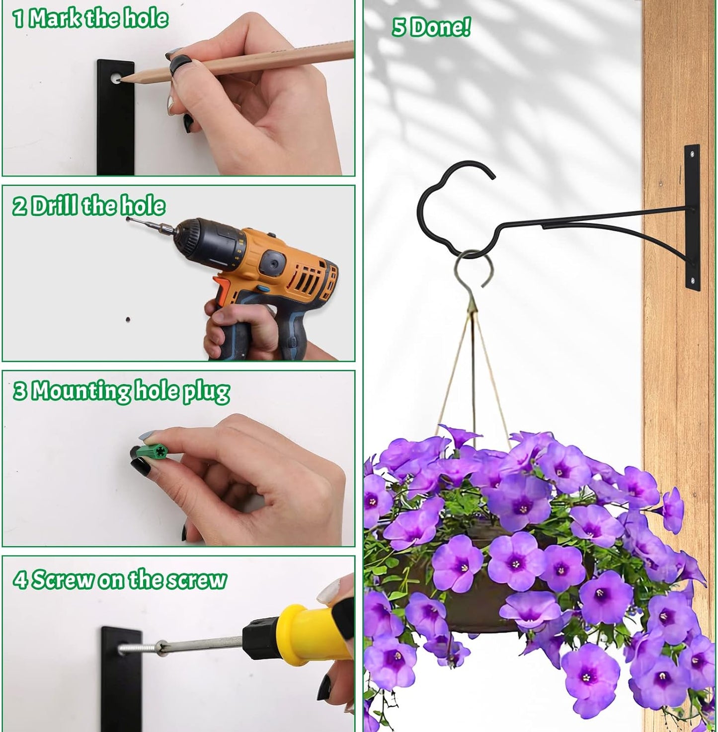 SNAIL GARDEN Hanging Plant Bracket - 2-Pack Metal Plant Hooks for Outdoor Baskets | Black Iron Design