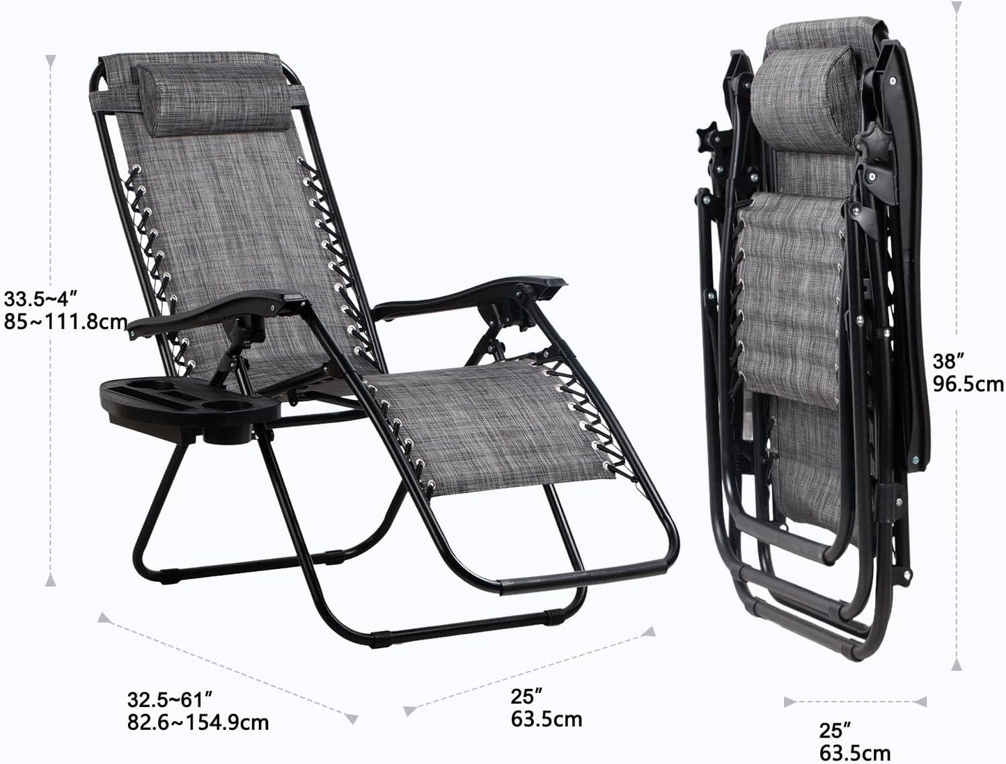 Nazhura Adjustable Zero Gravity Lounge Chairs - Set of 2 Relaxing Patio Recliners with Pillow & Cup Holder | Grey