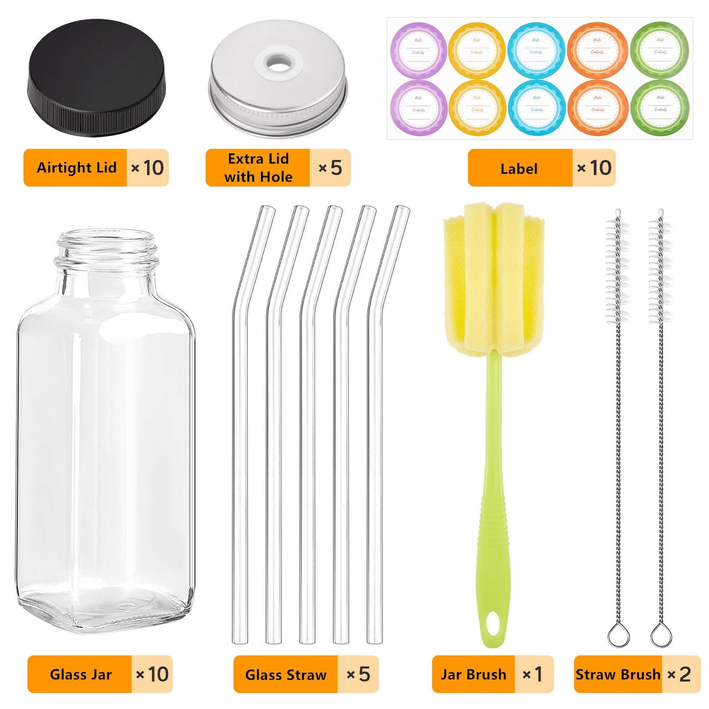 TUZAZO 10 PACK 16 Oz Glass Juice Bottles with Lids, Reusable Travel Drinking Jars Juice Containers, Glass Bottles for Juicing with Brush, Straws, Lids with Hole