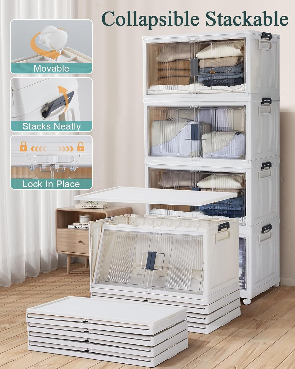 OlarHike 97QT Stackable Storage Bins - Collapsible Plastic Boxes with Lids & Wheels | 4-Pack for Closets & Garage