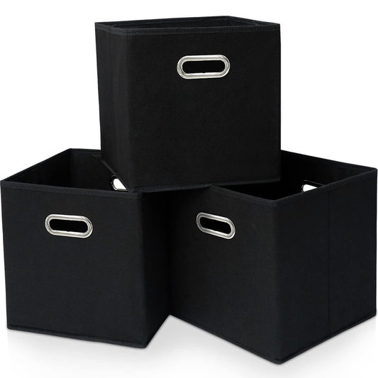 Yunkeeper Black Fabric Cubby Storage Bins，13x13x13 Inches ，Cube Organizer Bin Foldable Storage Boxes with Dual Handles Fabric Organizer Box and collapsible Storage basket，Set of 3 ，Black