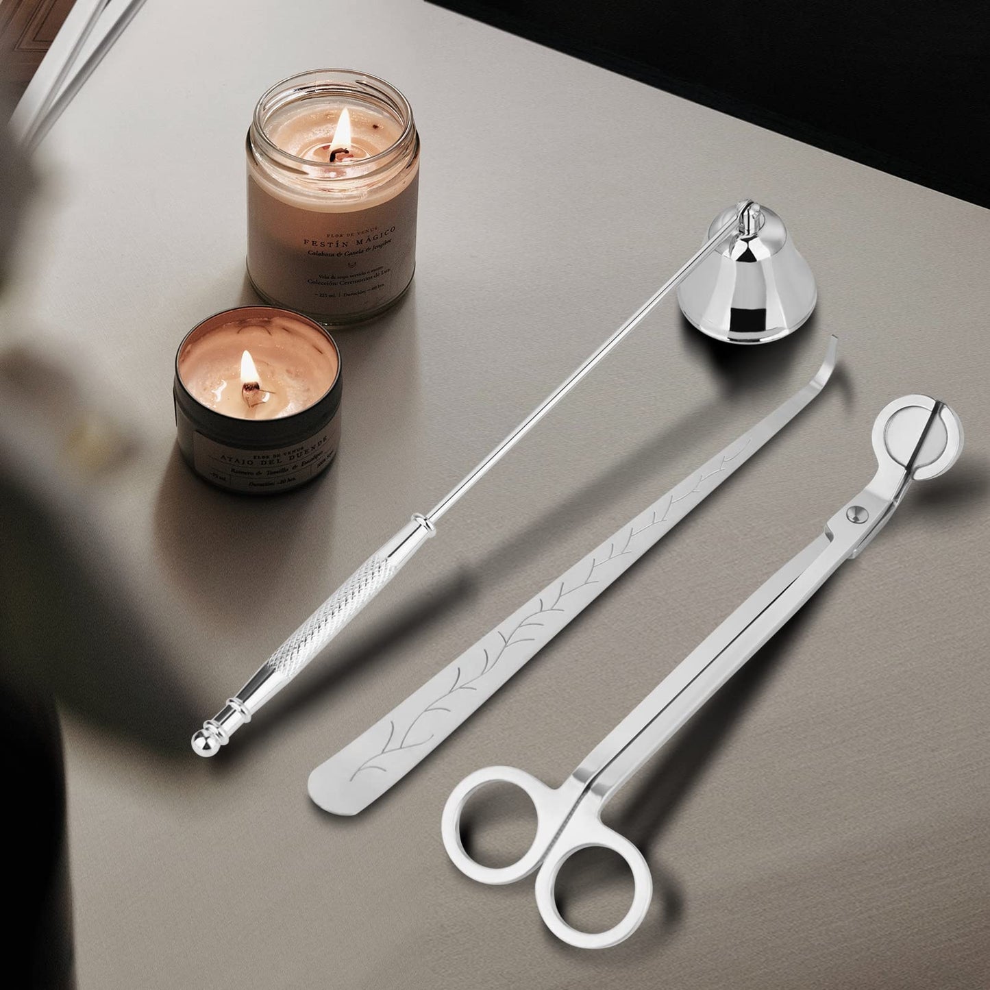 Kirecoo 3 in 1 Candle Accessory Set, Candle Wick Trimmer Cutter, Snuffer, Dipper, Wick Care Kit with Trimmer, Dipper and Extinguisher (Silver)
