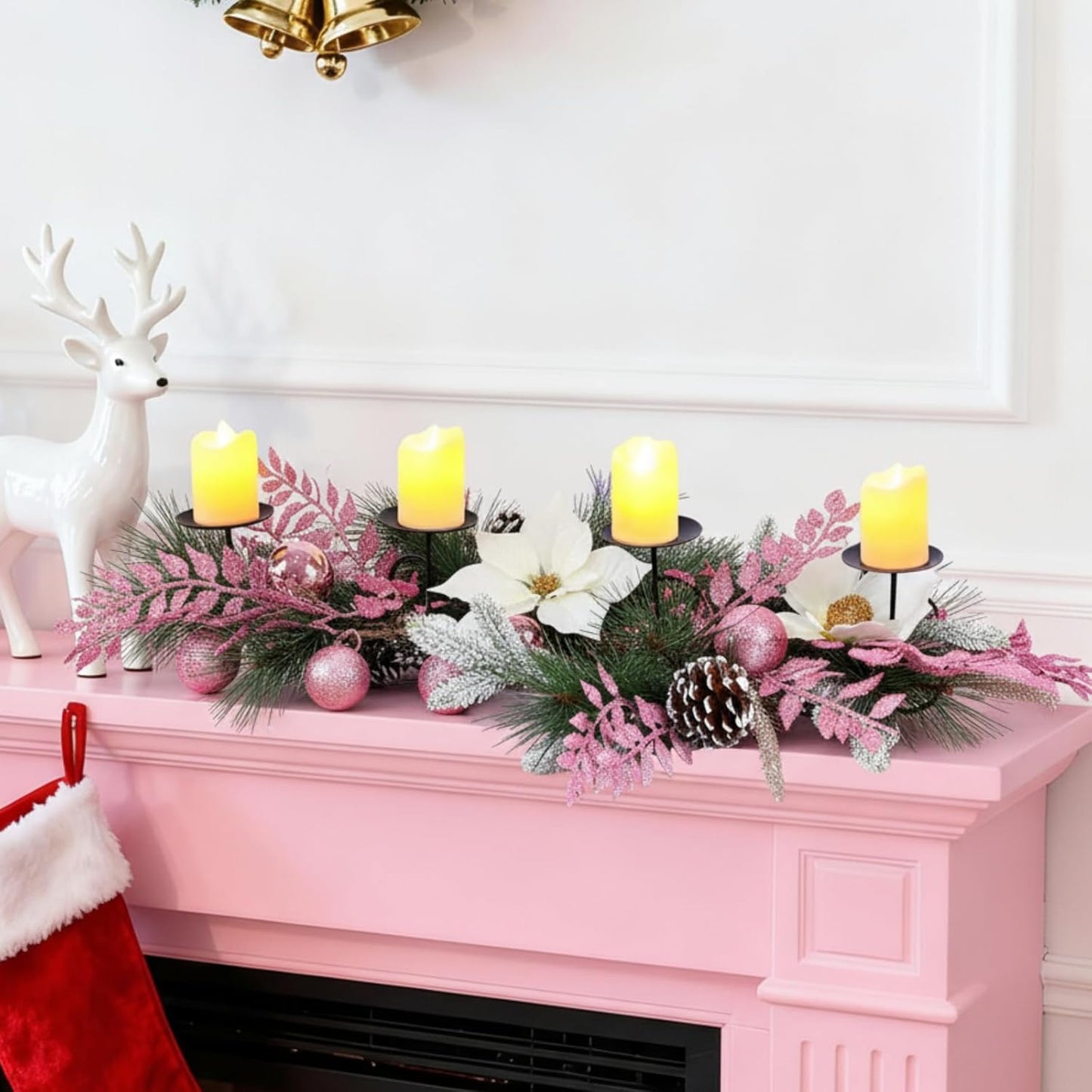 Maxdot Pink Christmas Candle Holder - Elegant Metal Poinsettia Design | Perfect Table Centerpiece for Holiday Decor