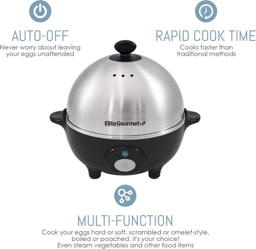 Elite Gourmet EGC-508 Rapid Egg Cooker - Cook 7 Easy-To-Peel Eggs | Auto Shut-Off & Recipe Booklet