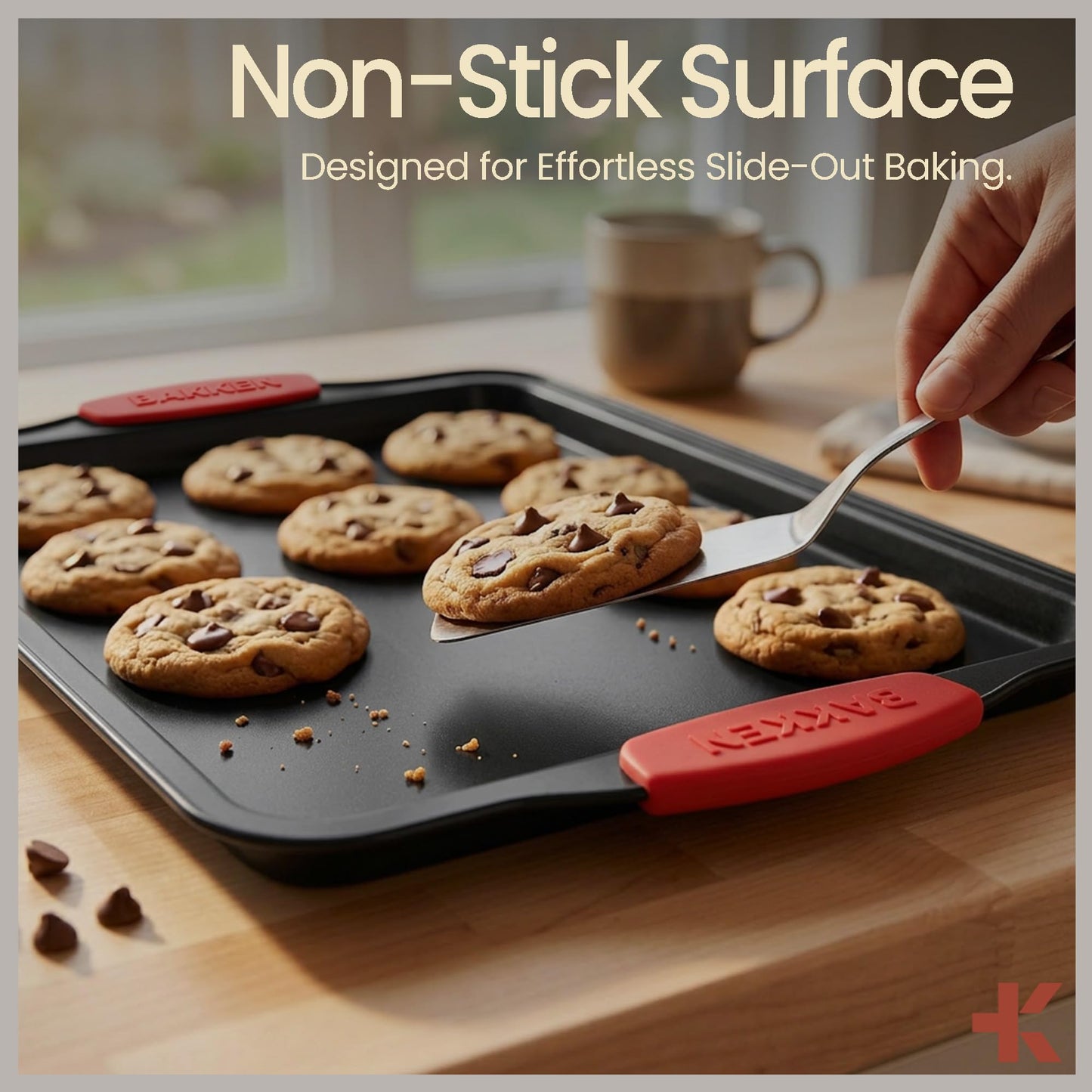 Baking Pan Set – 3 Piece Cookie Sheet – Deluxe Black Non-Stick Carbon Steel – Silicone Handles – Commercial Grade Restaurant Quality – PFOA PFOS and PTFE Free by Bakken