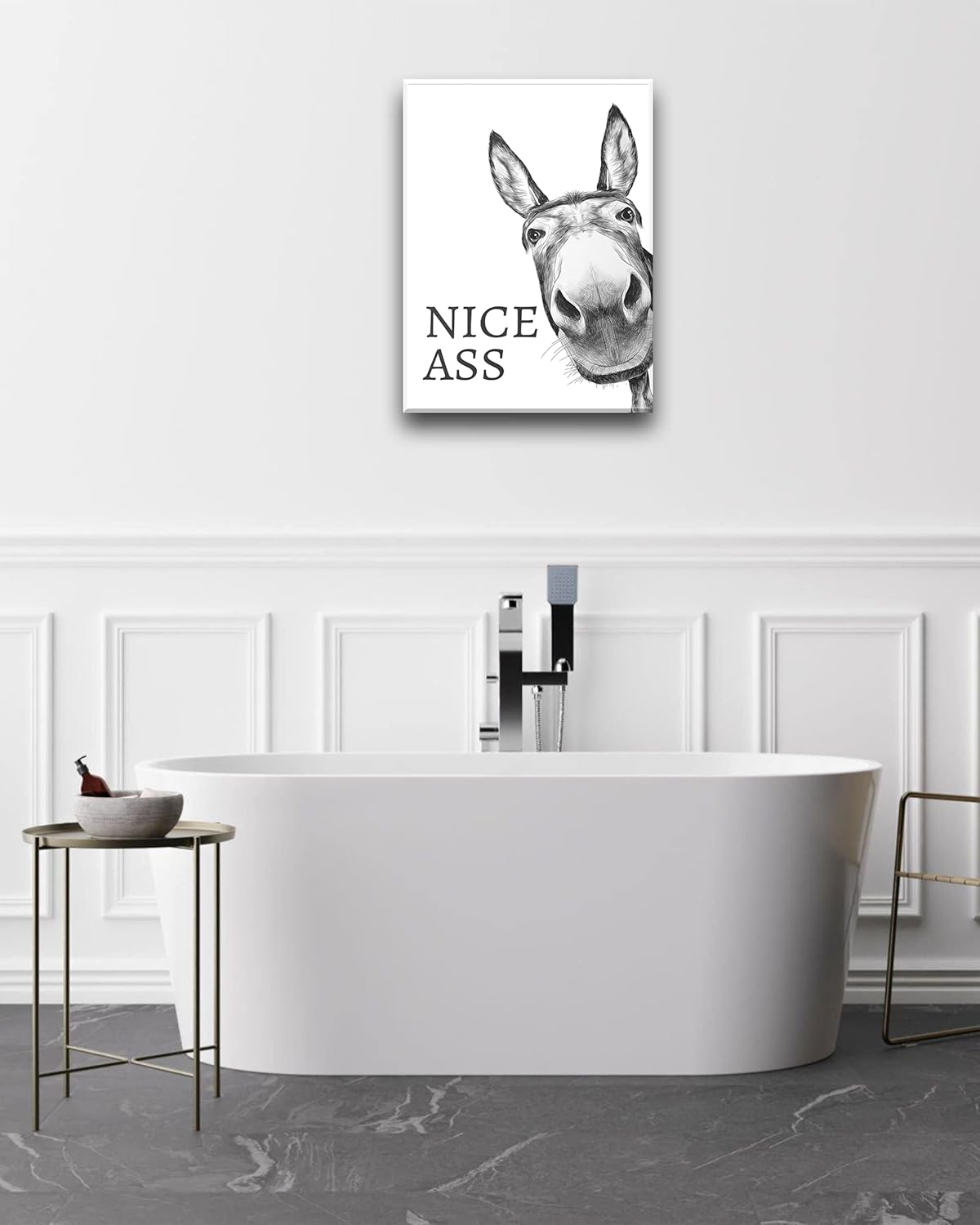 UPWOIGH Funny Bathroom Wall Art - Black and White Donkey Canvas Print | Waterproof Framed Decor, 12x16in