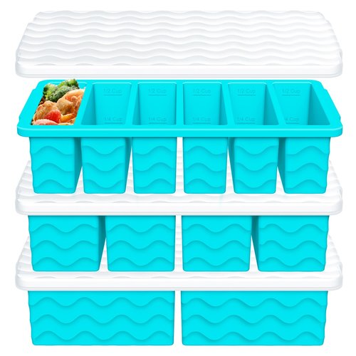 3-Pack Silicone Freezer Trays with Lid,2 Large 2-Cup(500ml)&4 Medium 1-Cup(125ml)&6 Small 1/2-Cup(75ml) Soup Freezer Container Molds,Ice Cube Tray For Meal Prep&Freezing Soup,Stews,Sauces