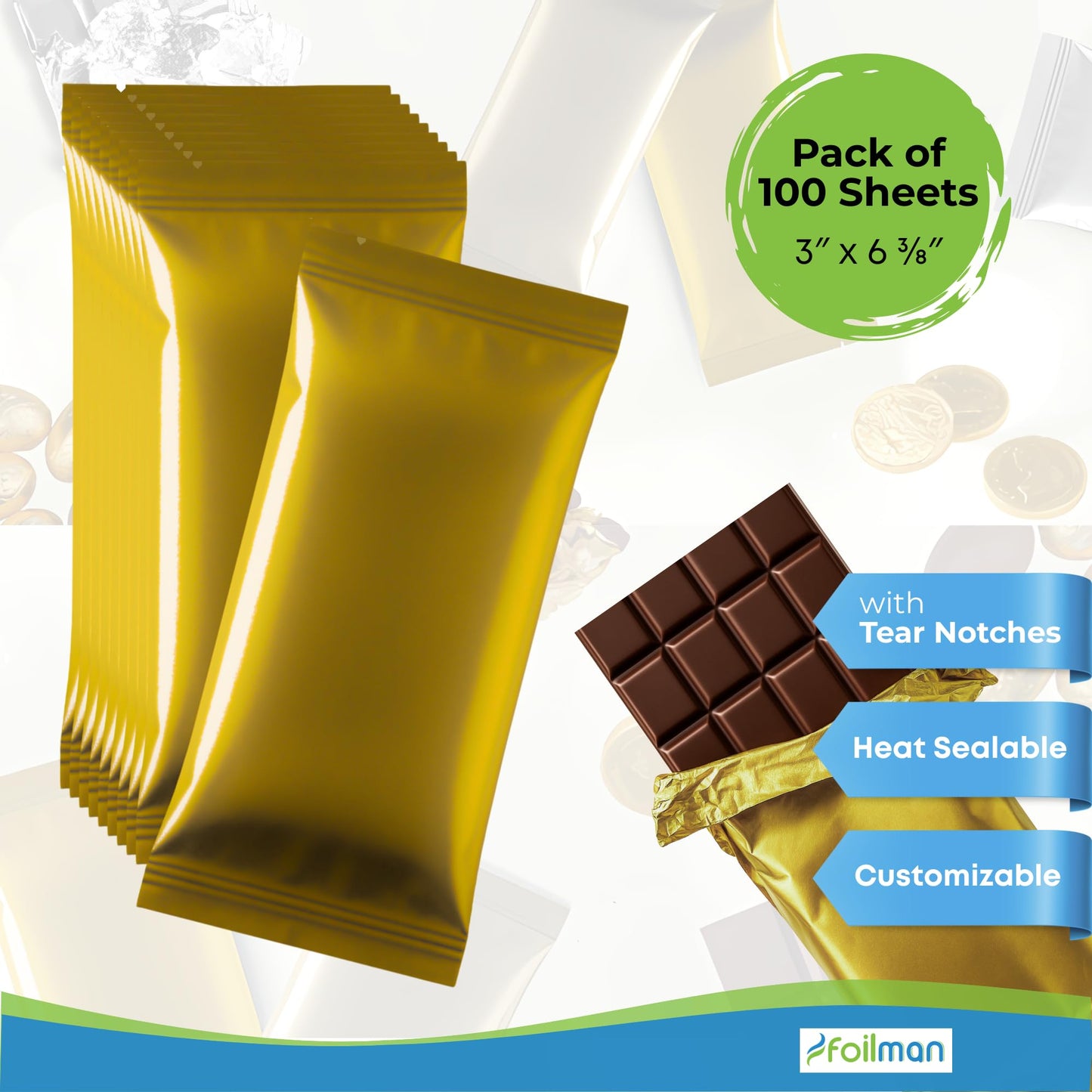 Foilman - Heat Seal Bags (Metallized) For Chocolate Bar Wrapping - Actual bags size 3 x 6 3/8 - Fits Bar Size 2.25 x 5.5 Inches (100 Pack) (Dark Gold)
