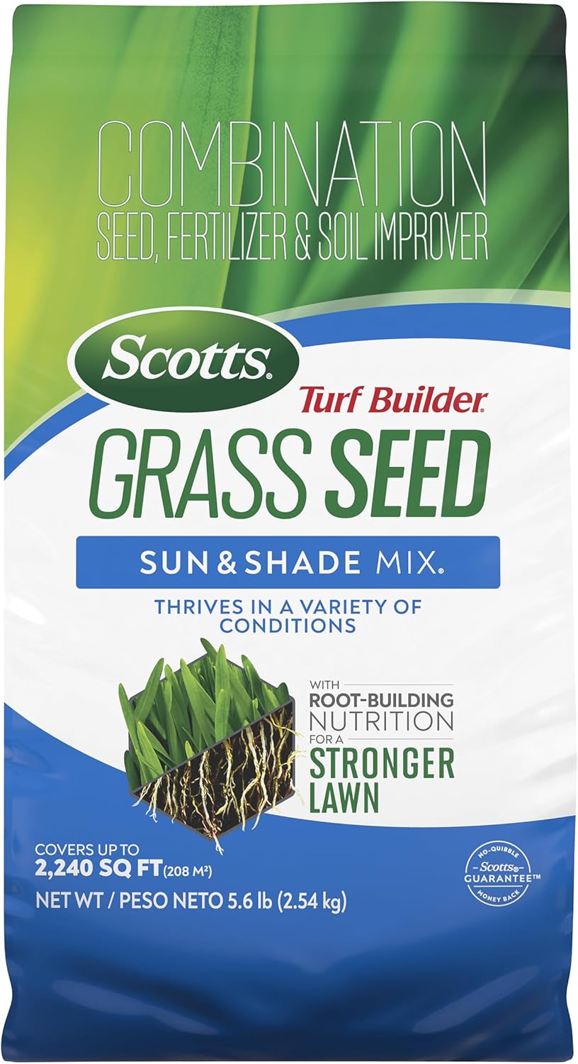 Scotts Turf Builder Grass Seed - Sun and Shade Mix with Fertilizer, Covers 2,240 Sq. Ft., 5.6 lb.