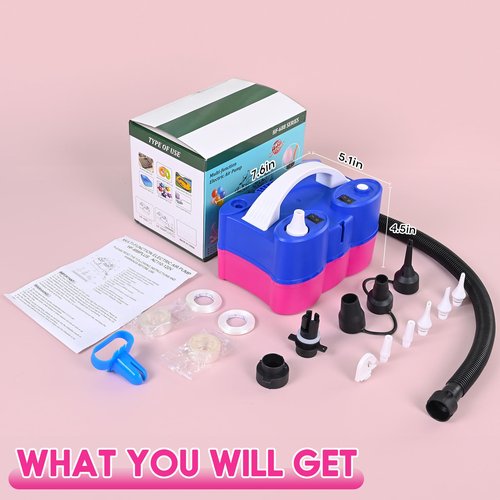Balloon Pump Electric, Multifunctional Air Pump for Latex 260q Foil Balloons, Dual Nozzle Balloon Blower Machine for Birthday Party Decoration, 110V AC Inflator Deflator for Inflatables Pool Floats
