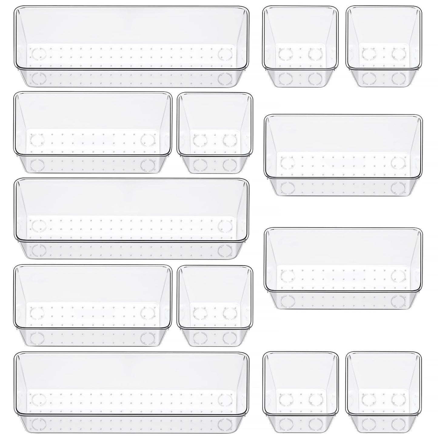 12 Piece Clear Drawer Organizer Set, 3 Sizes Bathroom Vanity Organizer Trays and Storage Bins for Makeup, Cosmetics, Jewelry, and Gadgets. Perfect for Office, Kitchen, Bedroom, Bathroom Use.