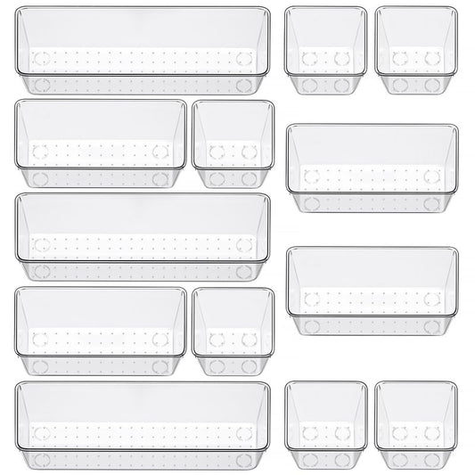 12 Piece Clear Drawer Organizer Set, 3 Sizes Bathroom Vanity Organizer Trays and Storage Bins for Makeup, Cosmetics, Jewelry, and Gadgets. Perfect for Office, Kitchen, Bedroom, Bathroom Use.