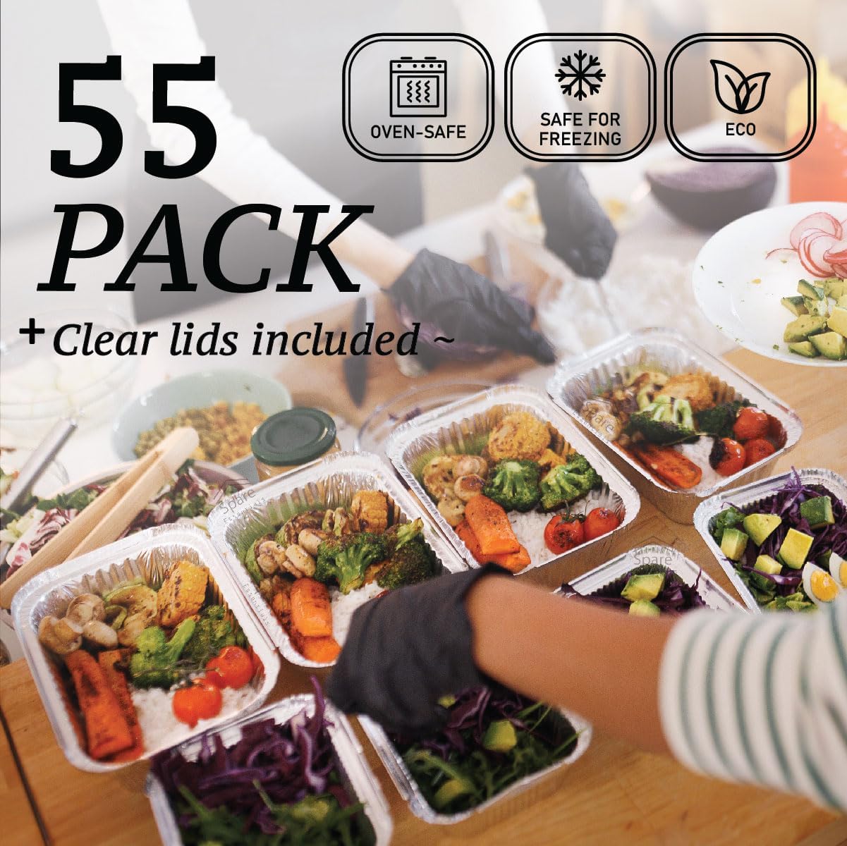 Spare Essentials 1 Lb Aluminum Foil Pans with Lids - 55 Pack Mini Disposable Baking Containers | Ideal for Takeout & Catering (5.5x4.5x1.9)