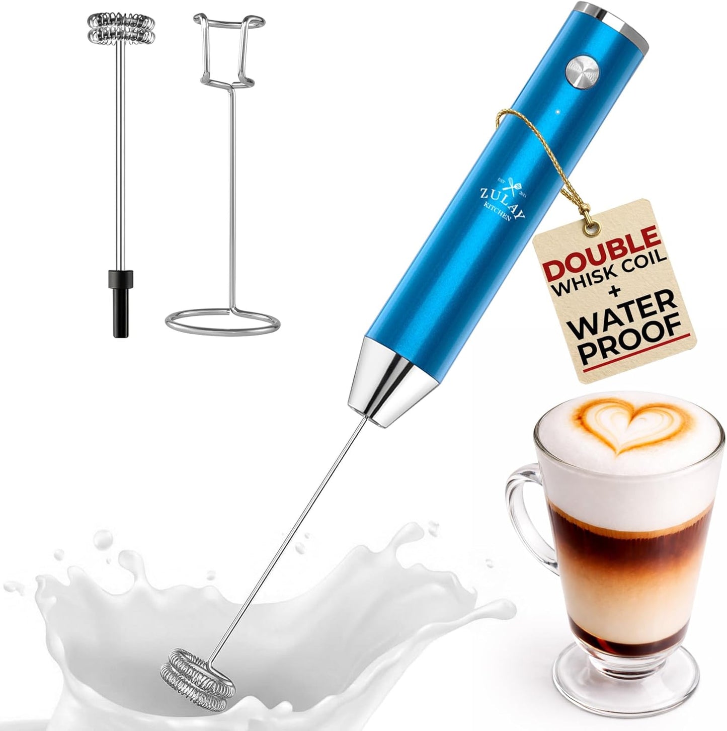 Zulay Kitchen Rechargeable Milk Frother - Powerful 2-Speed Motor, Waterproof, 2000mAh Battery | Metallic Blue Drink Mixer for Lattes, Cappuccinos, Matcha & Protein Powder