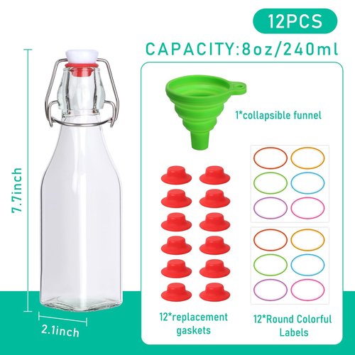 CAKKVDE 12 Pack 8oz Swing Top Glass Bottles,Flip Top Glass Bottle,Square Bottles with Airtight Stoppers for Kombucha, Kefir, Vanilla Extract, Beer