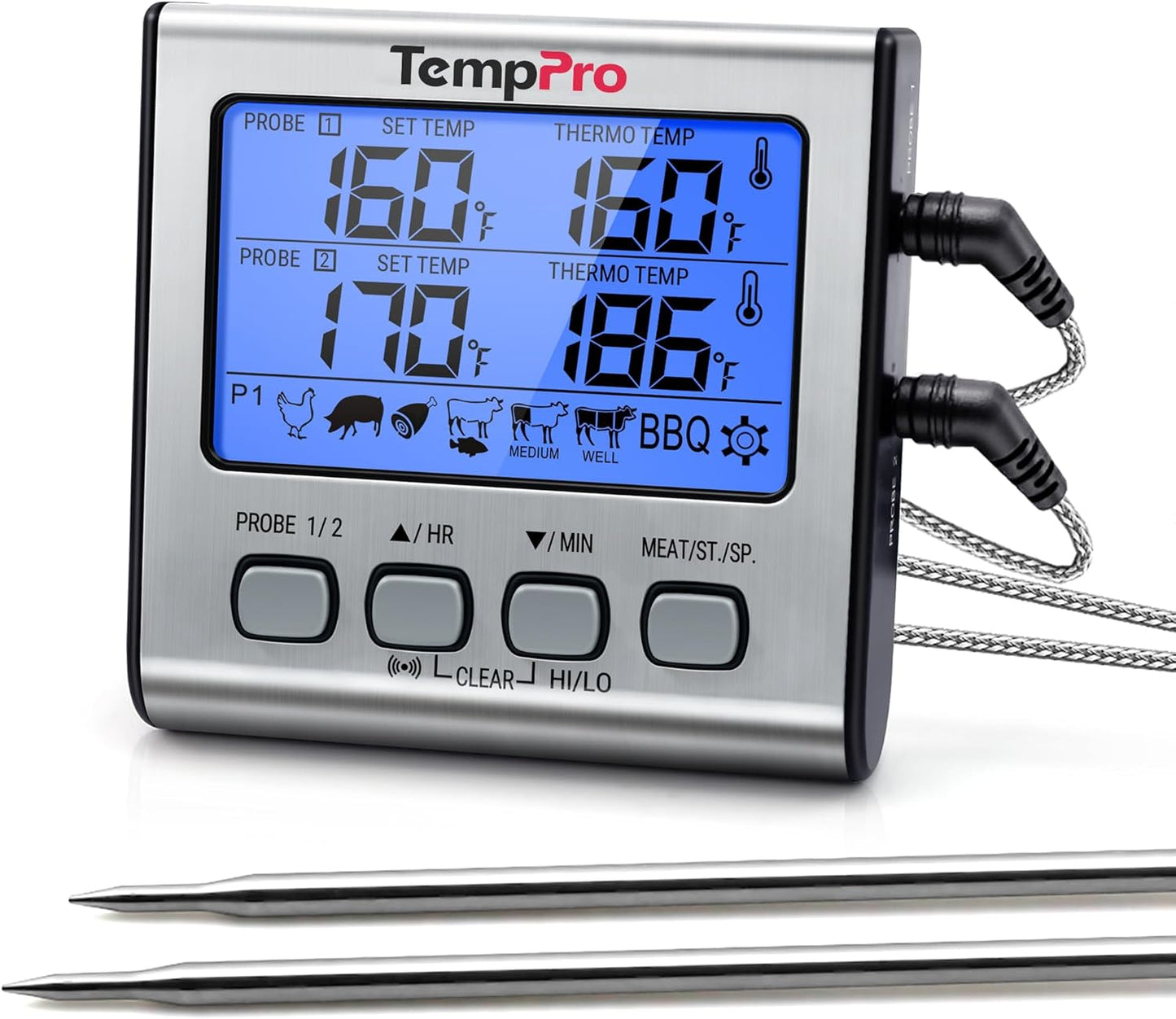 TempPro TP17 Dual Probe Digital Meat Thermometer - Large LCD Backlight & Timer Mode for BBQ, Silver