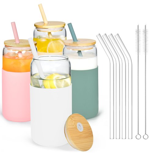 Icesip 20oz Glass Coffee Cups with Lids and Straw Iced Coffee Glasses with Silicone Protective Sleeve Drinking Glasses Set of 4 for Juice Beer Smoothie(Mixed ColorB)