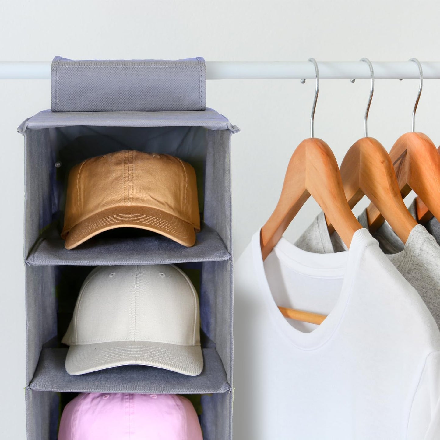 Perfect Curve 11-Pocket Baseball Hat Organizer - Gray Storage Rack for Up to 100 Caps | Versatile Use for Shoes & Towels