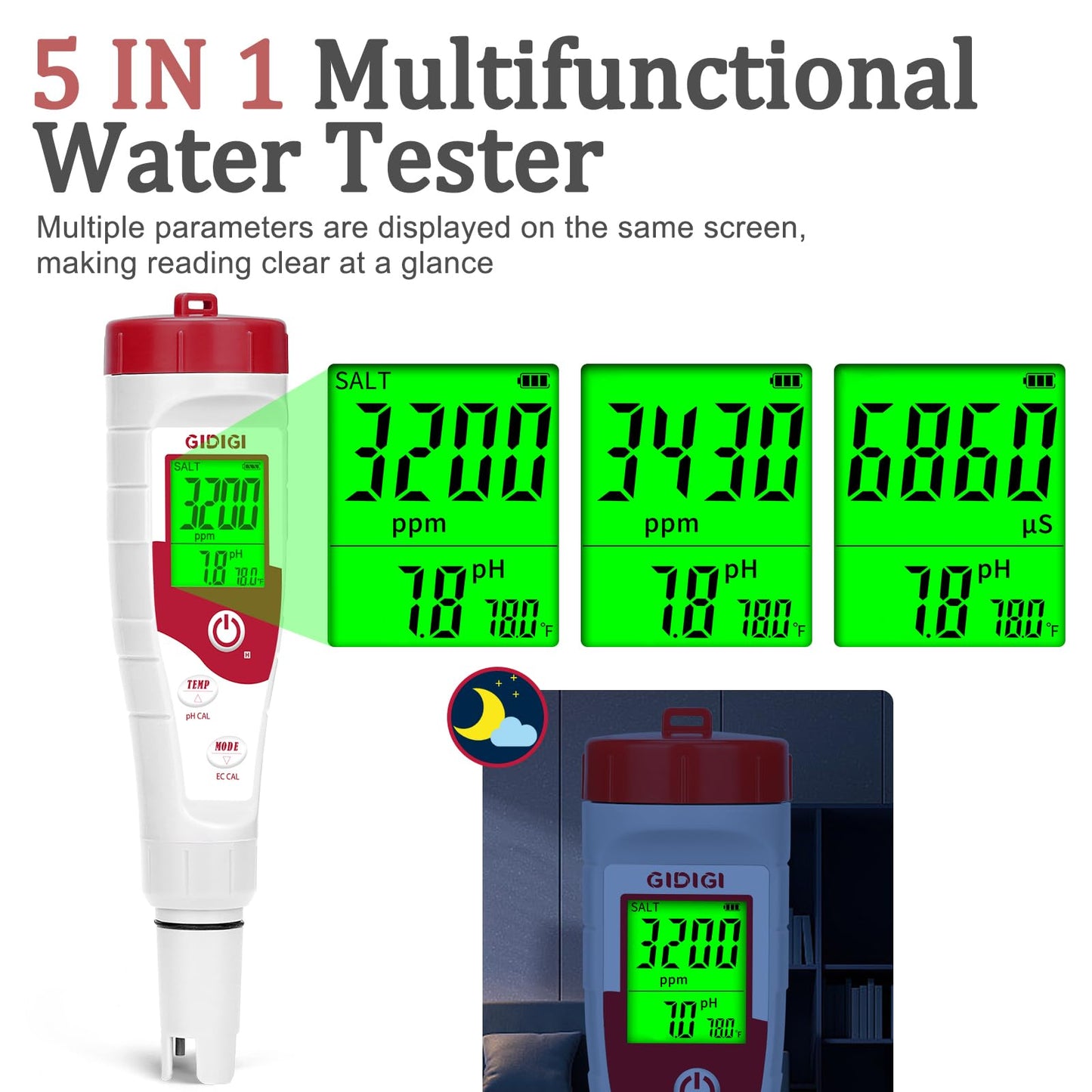 GIDIGI Pool Salt Tester pH Meter New Update Digital pH Tester Salinity Meter with Multiple Parameters Display for Pool Water Quality TDS EC Salt Meter for Saltwater Hot Tub&Spa Inground Pool Aquarium