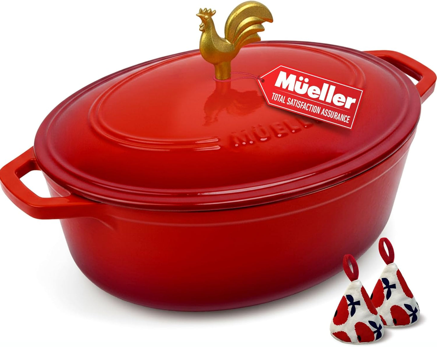 MUELLER HOME Enameled Cast Iron Dutch Oven - 5.5 Quart with Rooster Knob & Potholders, Red