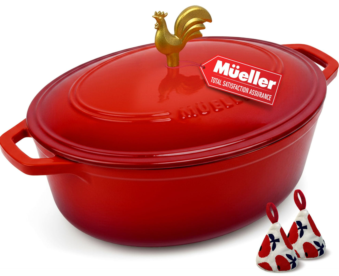 MUELLER HOME 5.5 Quart Enameled Cast Iron Oval Dutch Oven w Rooster Knob & Cotton Potholders, Heavy-Duty Cookware, Oven-Safe up to 500° F & Across All Cooktops, Gifts for Grandma & Women, Red