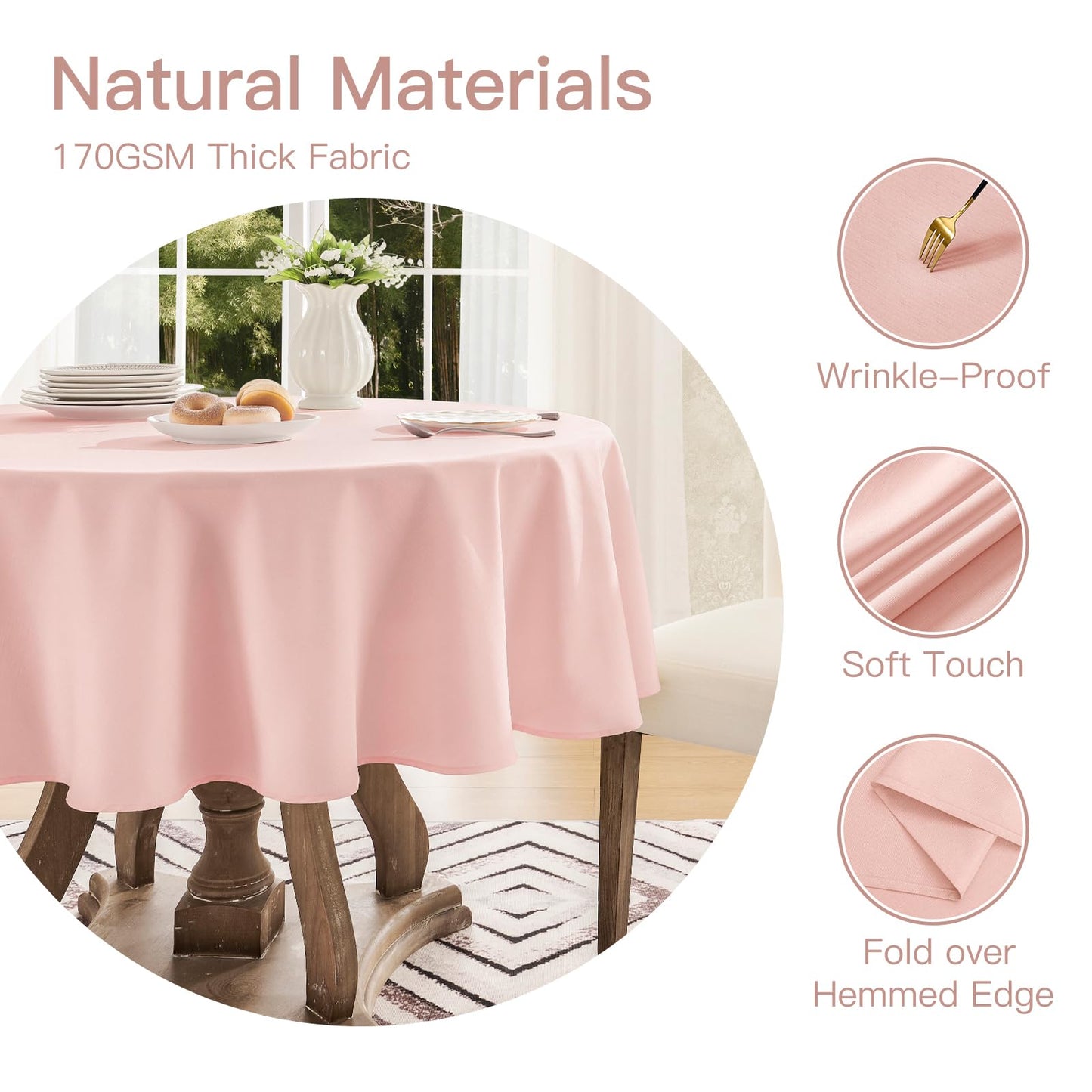 Veblandy Tablecloth Linen Textured Waterproof & Stain Resistant Table Cloth Wrinkle Free Decorative Fabric Farmhouse Table Cover for Dining/Party/Buffet/Wedding, 60 x 60 Inch, Pink