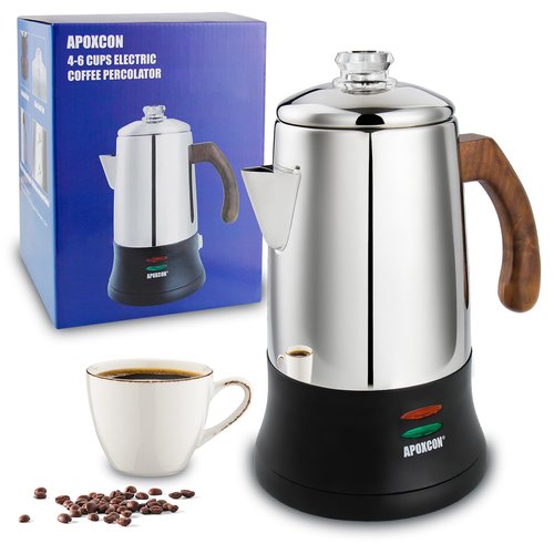 APOXCON Electric Coffee Percolator Stainless Steel Coffee Maker with Tough Glass Clear Brew Progress Knob & On/OFF Switch Keep Warm Cordless Serve for Home and Hotel Room Use Gift Box Packaging 6 Cup