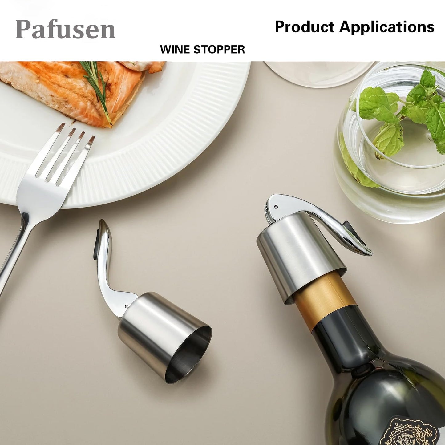 Pafusen Wine Stoppers Set of 2, Stainless Steel Wine Bottle Stopper with Silicone Seal, Reusable Wine Freshness Keep, Wine Saver Wine Bottle Sealer Stopper, Wine Accessories Gift (Polished)