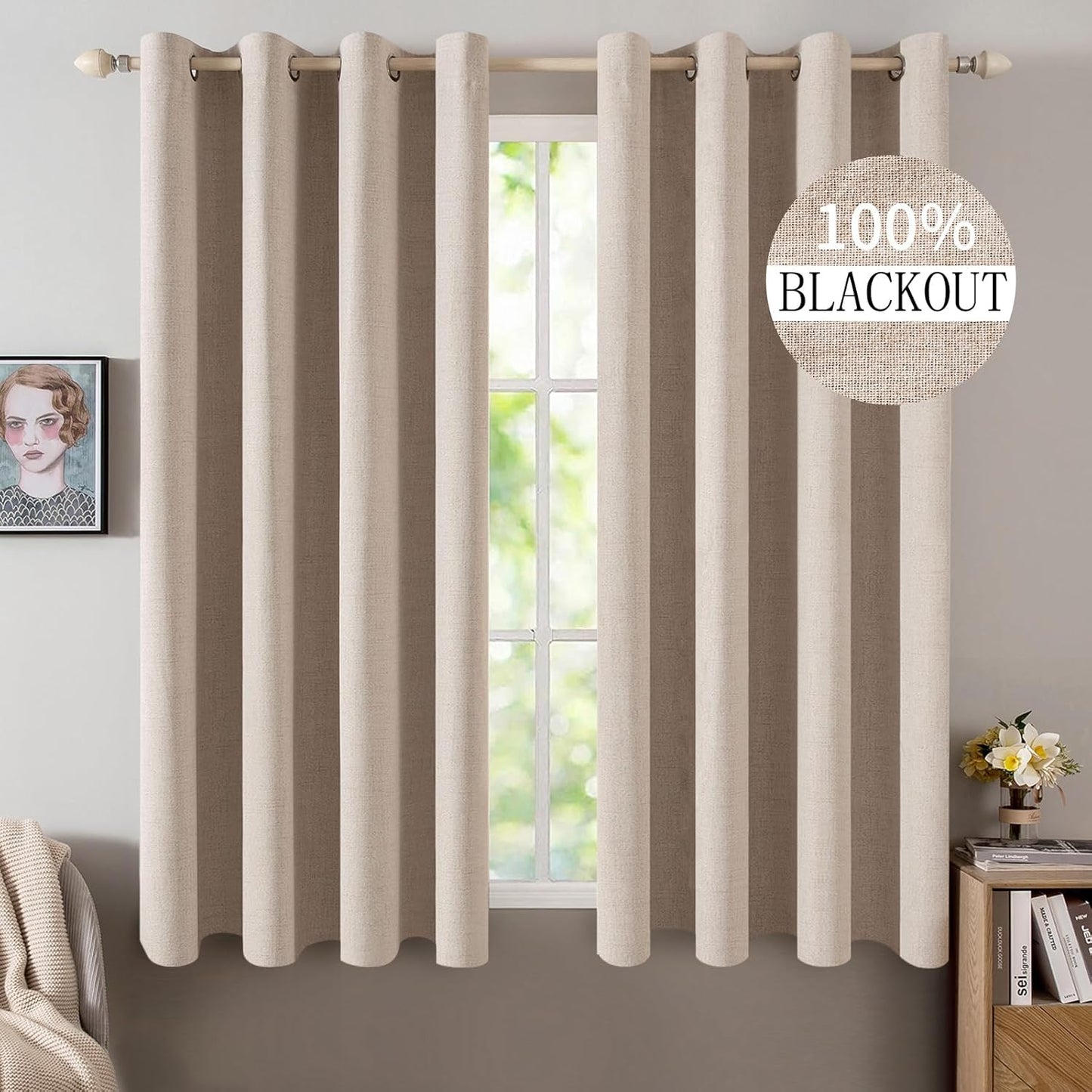 MIULEE Blackout Linen Textured Curtains - Thermal Insulated Natural Beige Drapes | 52 x 54 Inch (2 Panels)
