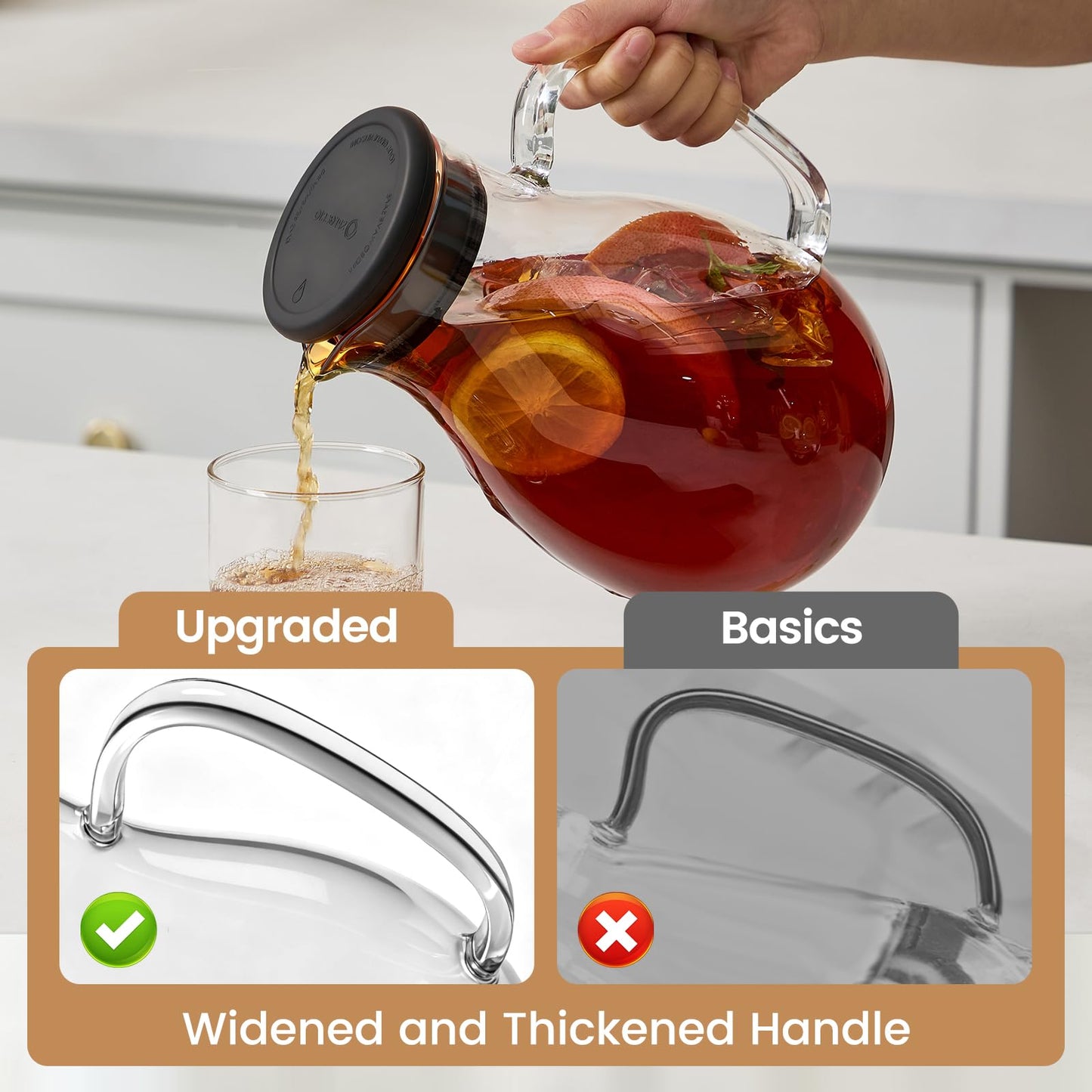 Spreccio Glass Pitcher with Lid, 68 oz(1/2 Gallon), Hot/Cold Glass Water Jug with Silicone Lid, Borosilicate Glass Carafe Wide Mouth Juice and Iced Tea Beverage Serveware (Round)