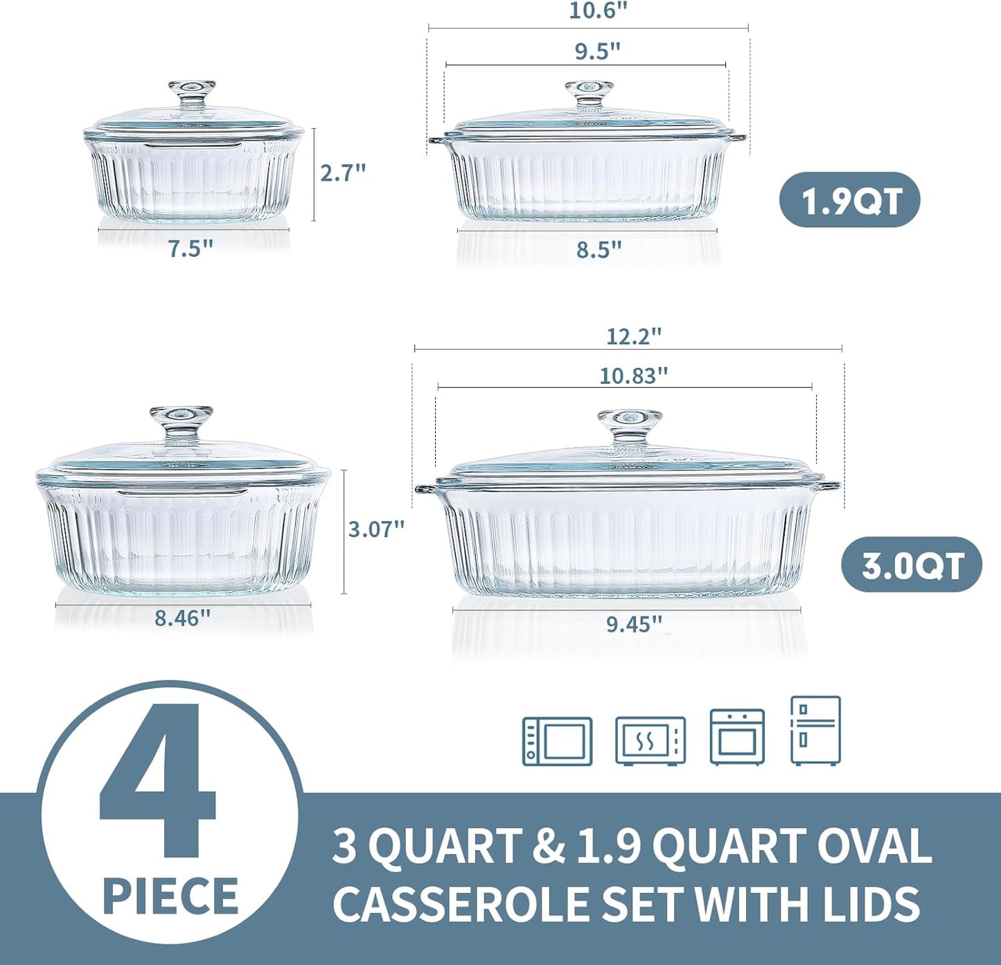 MCIRCO Glass Casserole Baking Dish Set - 4-Piece with Lids, 1.9 Qt & 3 Qt Sizes for Versatile Cooking