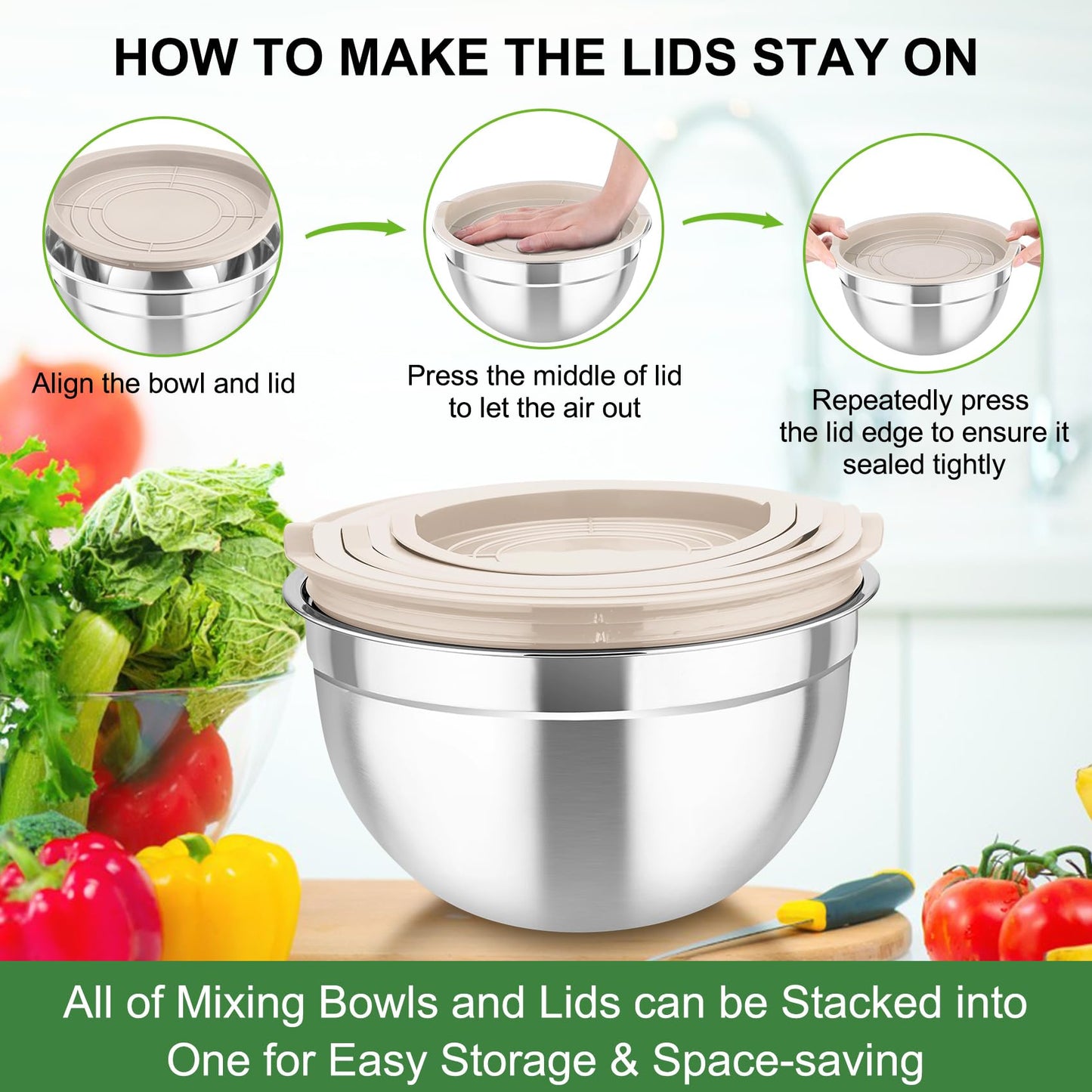 TeamFar Mixing Bowls with Airtight Lids, 5PCS Stainless Steel Metal Salad Bowl with 3 Grater Attachments, for Cooking, Prepping, Serving, Healthy & Easy Clean - 0.7/1/1.5/2.6/4.6QT, Khaki