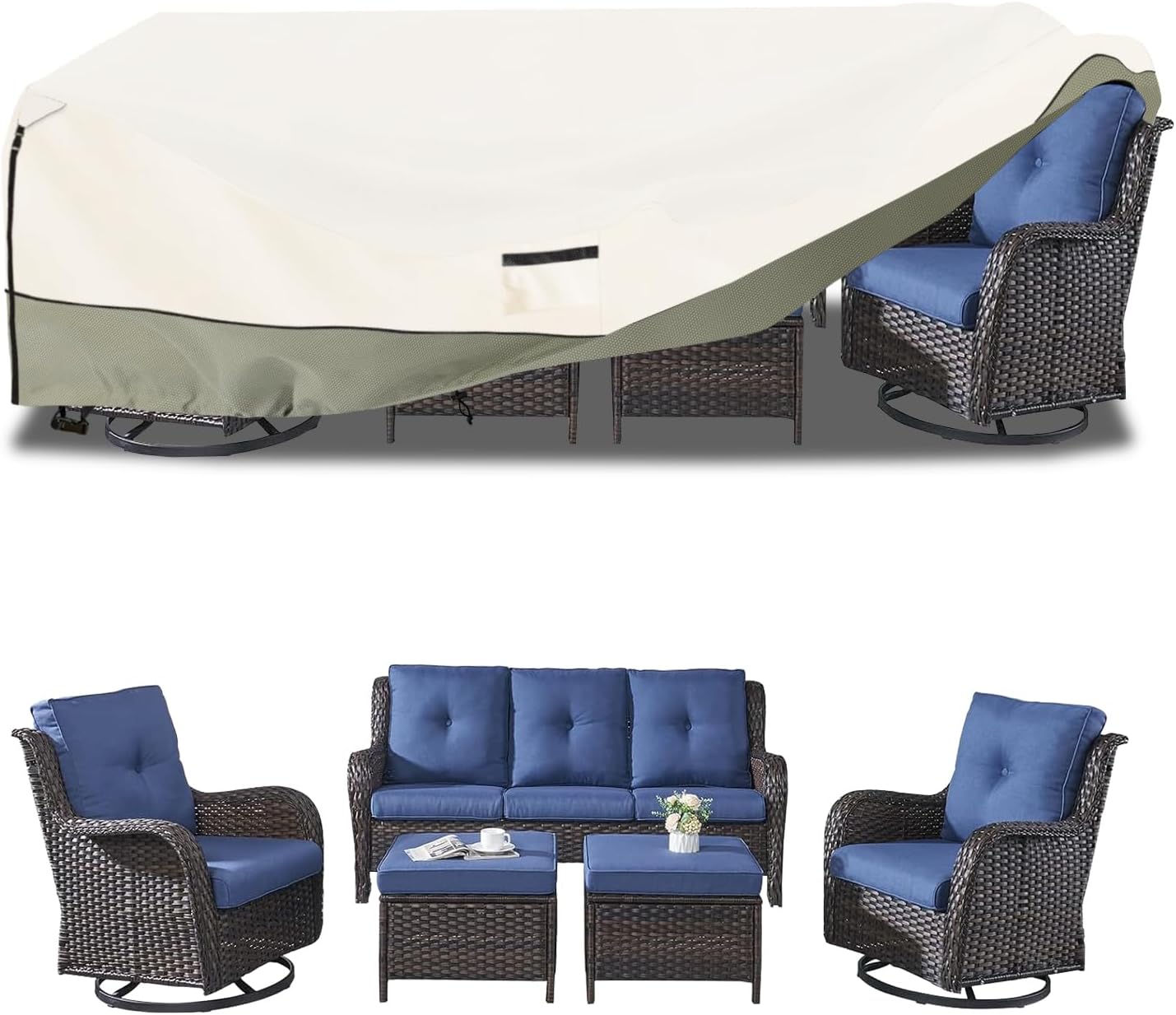 Skiennix Waterproof Outdoor Furniture Covers - Heavy Duty 600D Protection for Dining Table & Chairs | Beige 111L x 74W x 28H Inch