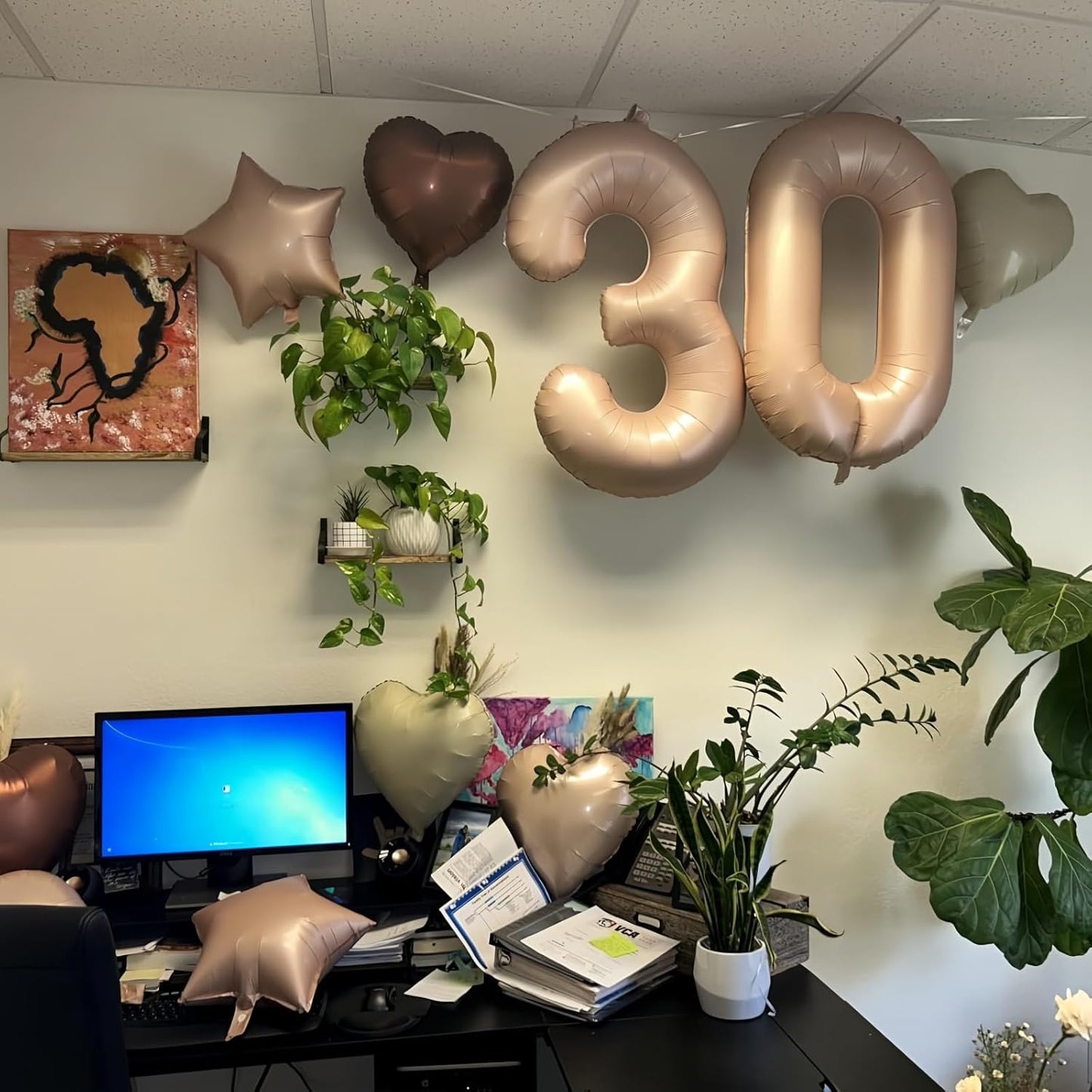 Skiennix 30 Balloons Decor - Beige Nude Apricot Brown Foil Star & Heart Balloons | 40'' White Sand Helium Number 30 for 30th Birthday & Wedding Anniversary Celebrations