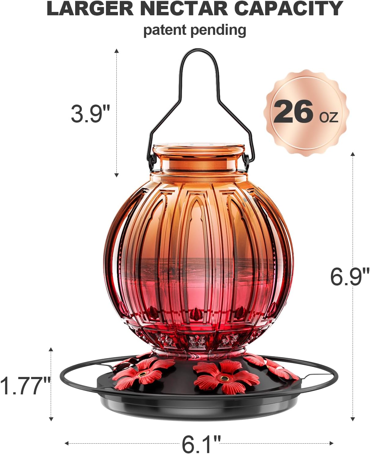 Skiennix Glass Hummingbird Feeder - 26Oz Leak-Proof Outdoor Nectar Feeder with 5 Flower Ports | Clear & Red