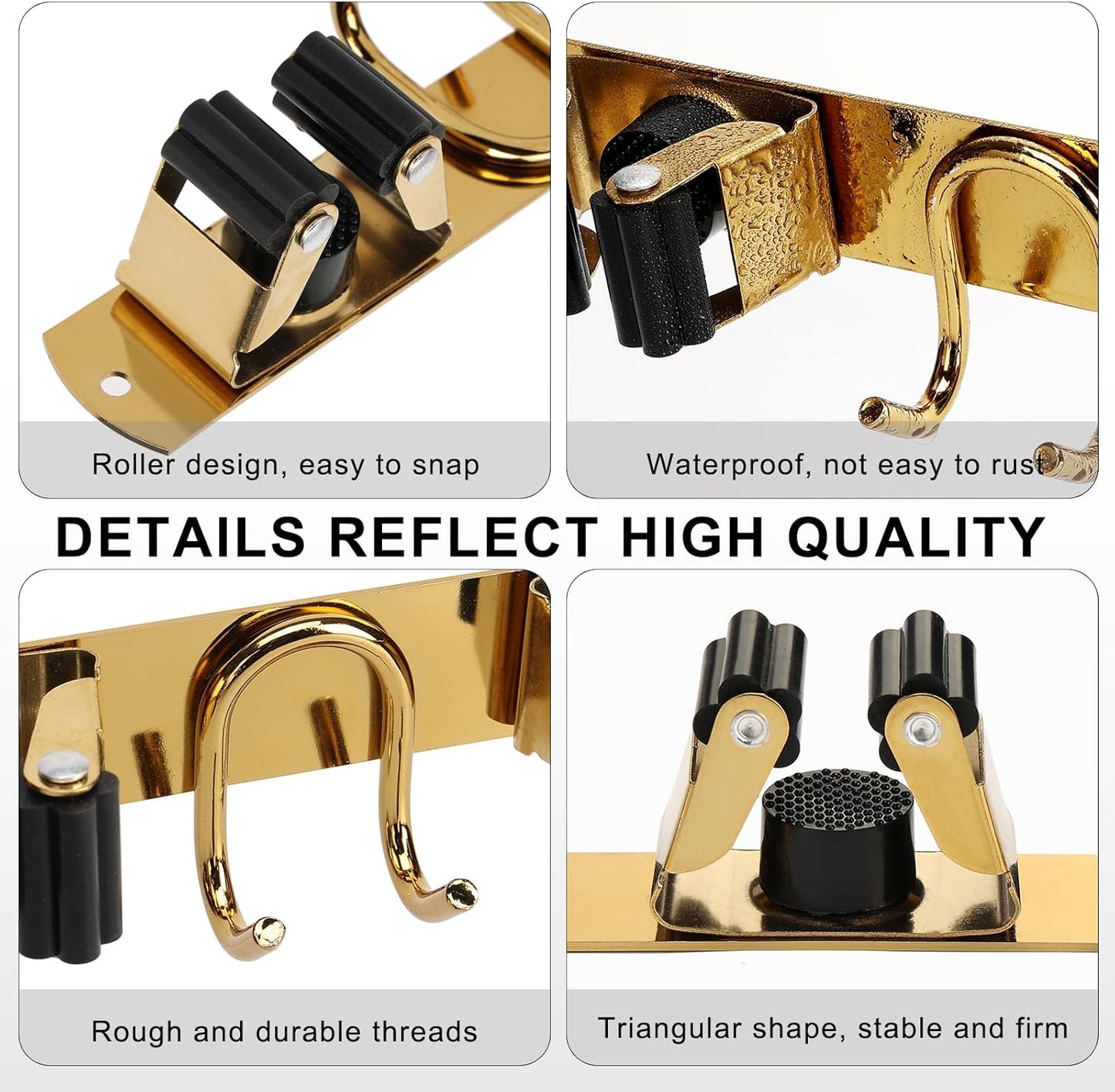 Skiennix Mop Broom Holder Wall Mount - Gold Stainless Steel Organizer with 4 Slots & 6 Hooks