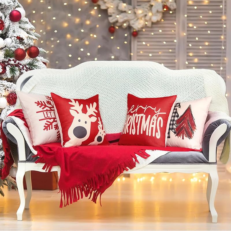 Sunboom Christmas Pillow Covers & Red Holiday Decor Set of 4, 18x18 Winter Farmhouse Throw Pillows