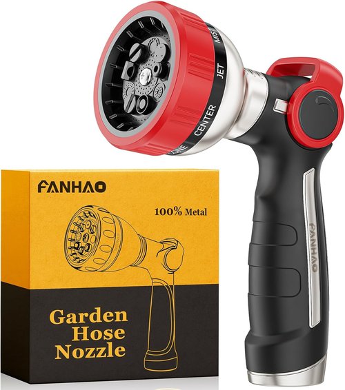 FANHAO Heavy Duty Garden Hose Nozzle - 100% Metal Sprayer with 9 Spray Patterns & Thumb Control