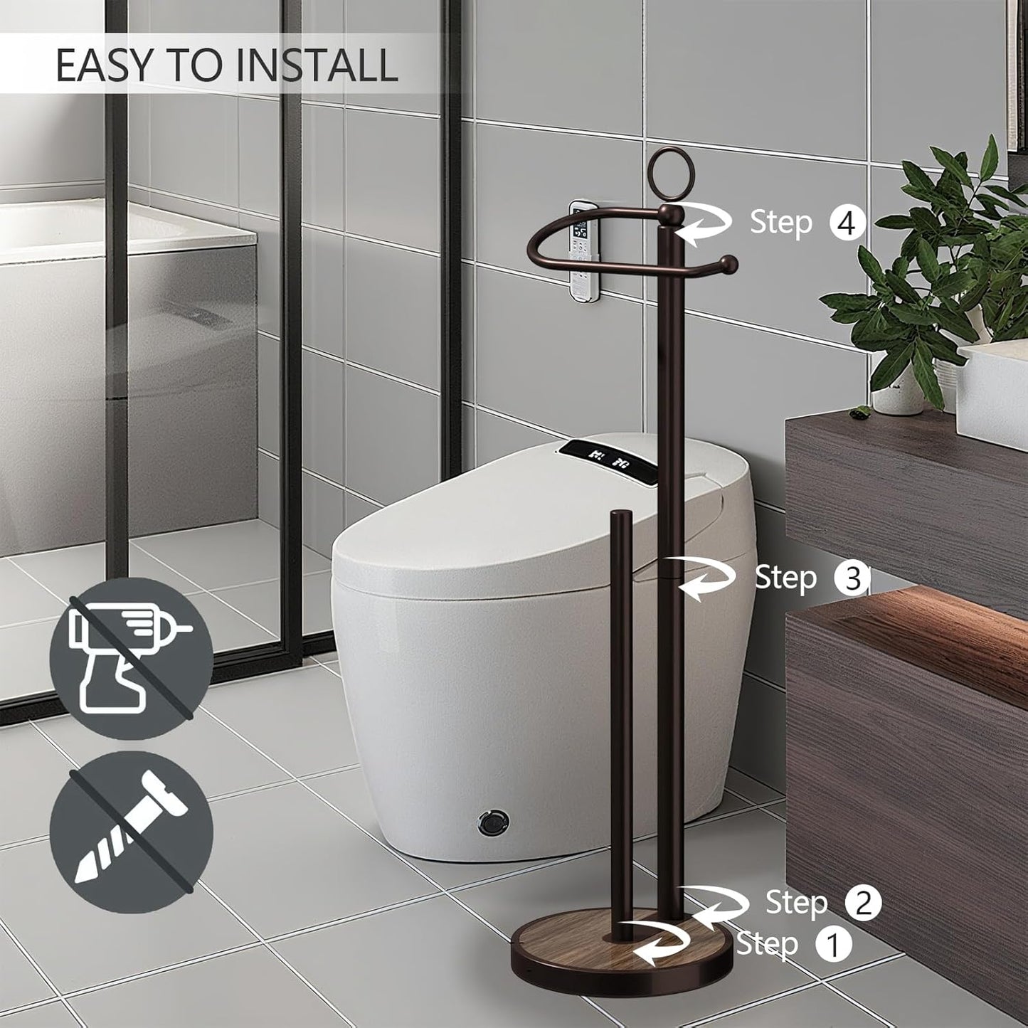 Skiennix Free Standing Toilet Paper Holder - Space-Saving Design with Storage for 4 Rolls - Black & Bronze