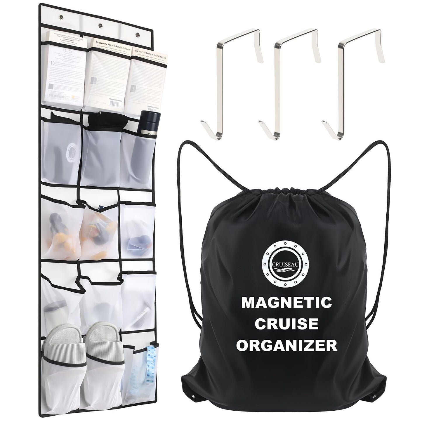 Cruise Magnetic Door Organizer with Hooks – 15 Large Pockets, Strong Anti-Scratch Magnets, Over-the-Door Cruise Essentials Storage for Cruise Cabins