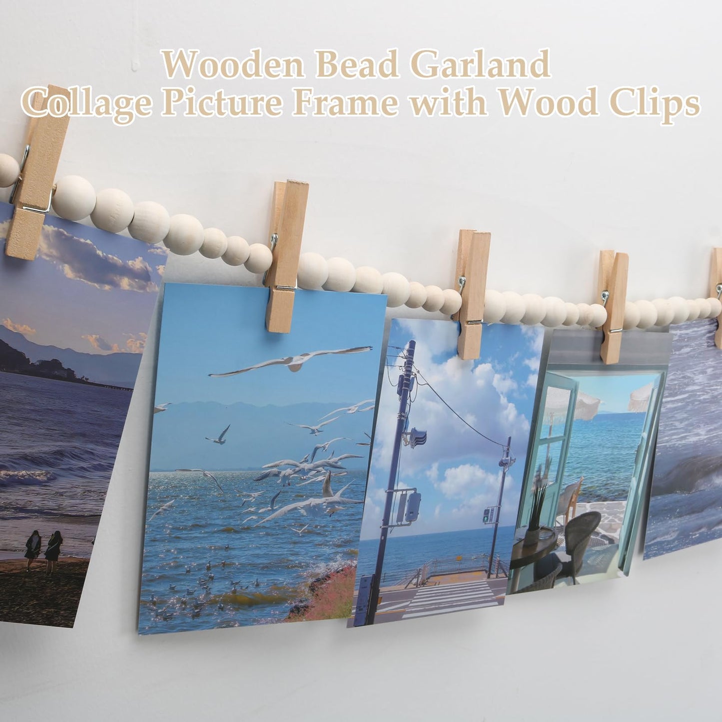 3PCS Hanging Photo Display with 45 Clips, 67 Inch Boho Wooden Bead Garland Photo Banner, Kids Art Display Collage Picture Postcard Display, Photo String for Bedroom Dorm Cubicle Wall Decor Teen Gifts