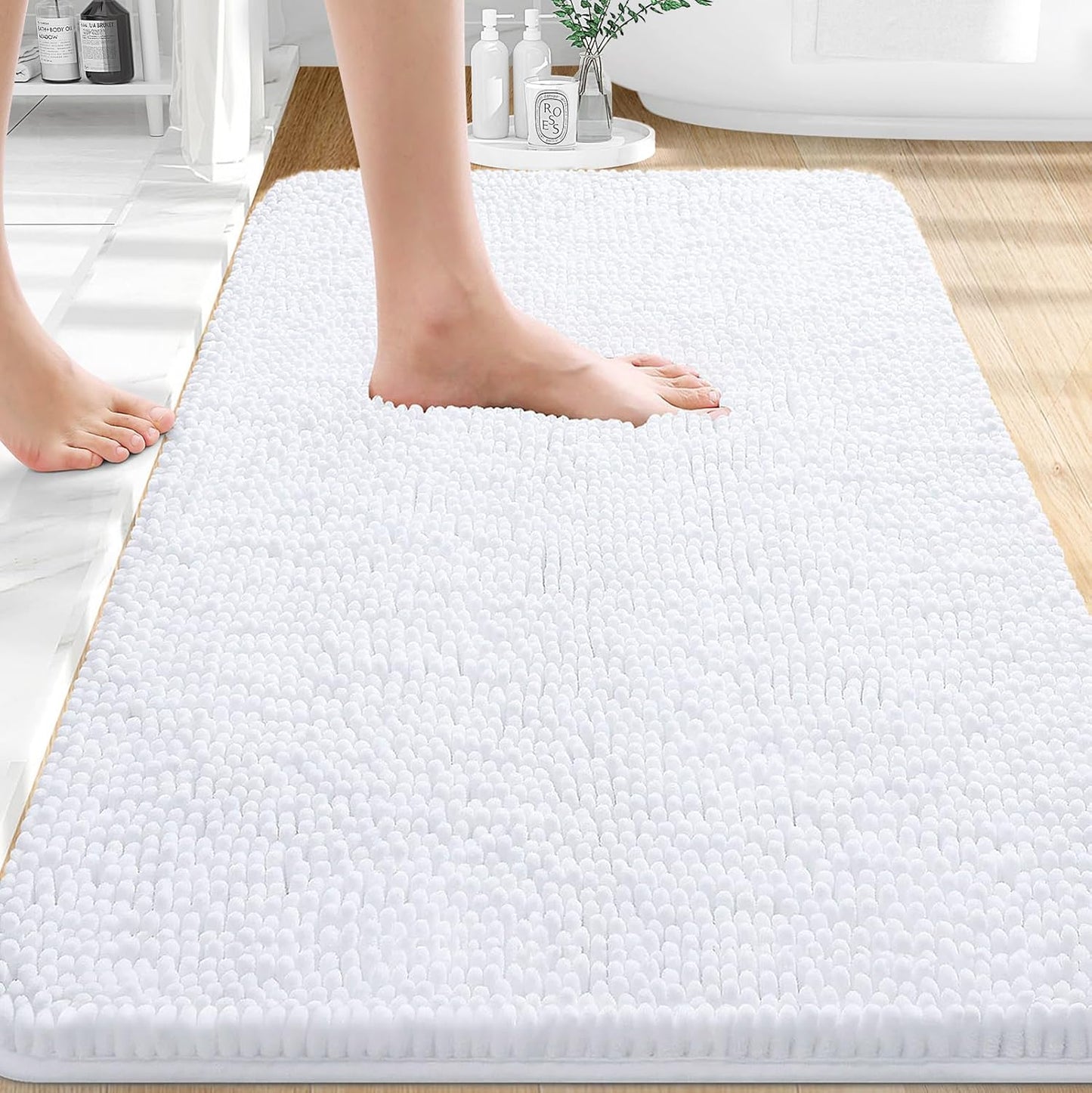 OLANLY Bathroom Rugs - Extra Soft Chenille Bath Mats | Quick Dry, Machine Washable, 32x20, White
