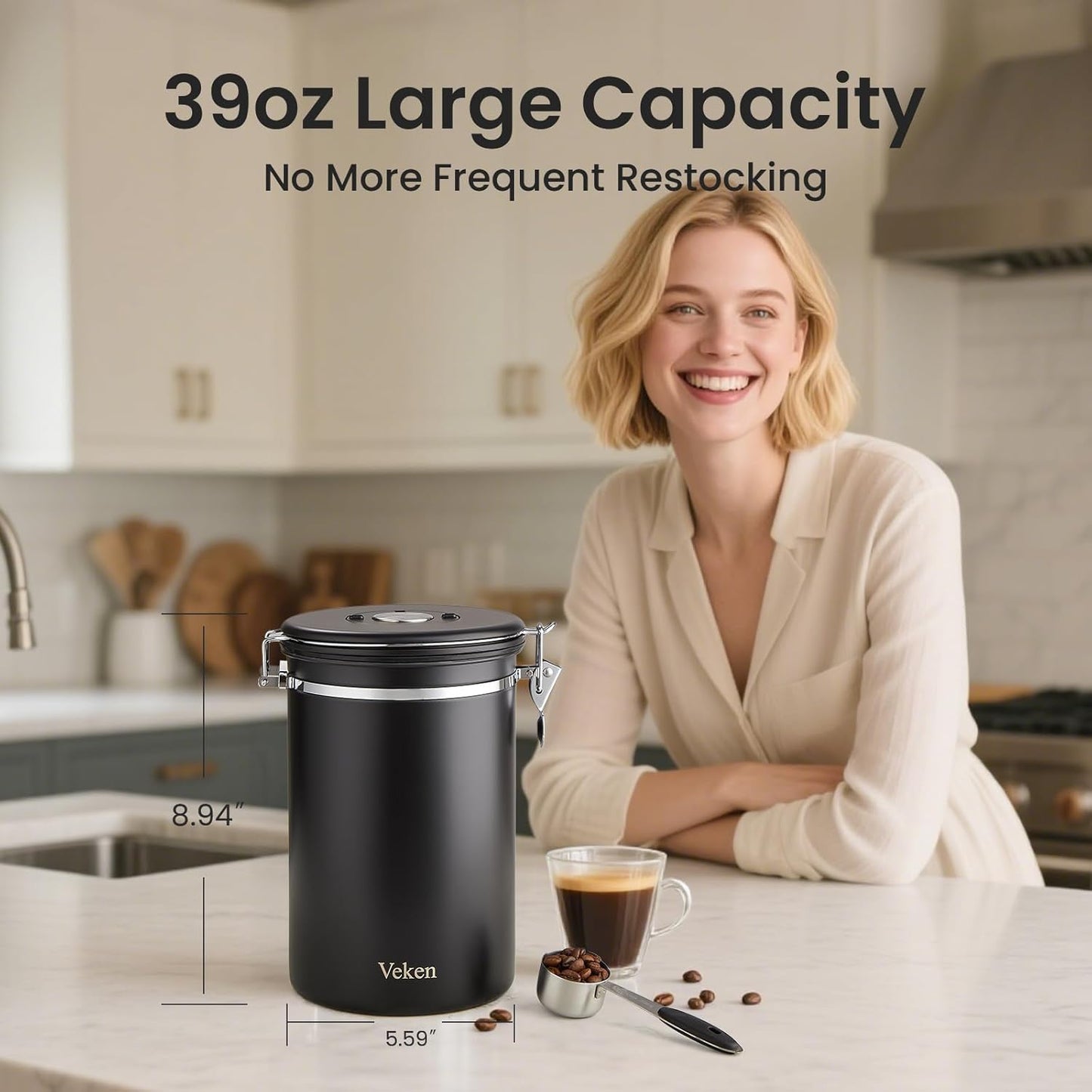 Veken Coffee Canister - Airtight Stainless Steel Food Storage Container | 39oz for Coffee, Sugar, Tea & More