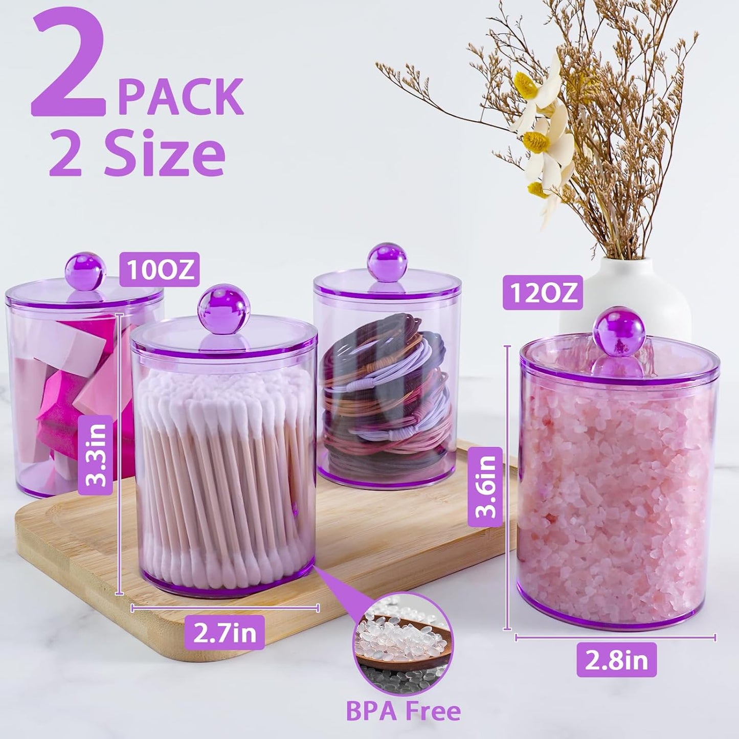 XIPENGKEJI Qtip Holder Set - 2 Pack Apothecary Jars with Lids for Cotton Swabs & Pads | 10oz-12oz Purple